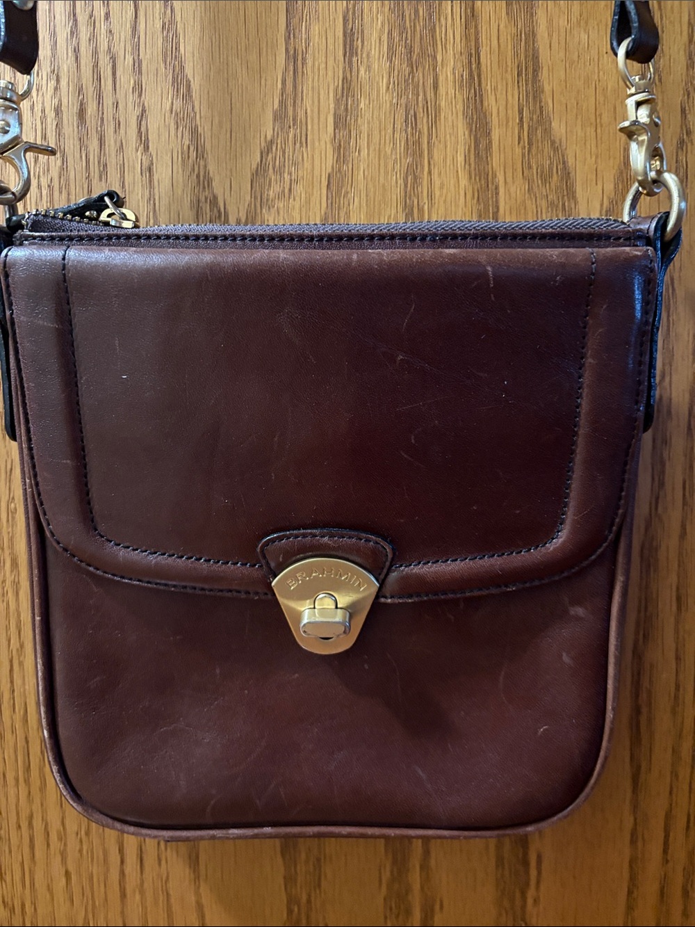 Brahmin Brown Leather Messenger Crossbody with Gold Hardware